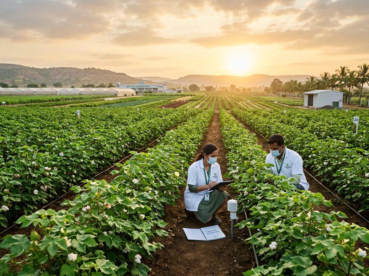 Illustration of researchers inspecting a cotton research field
