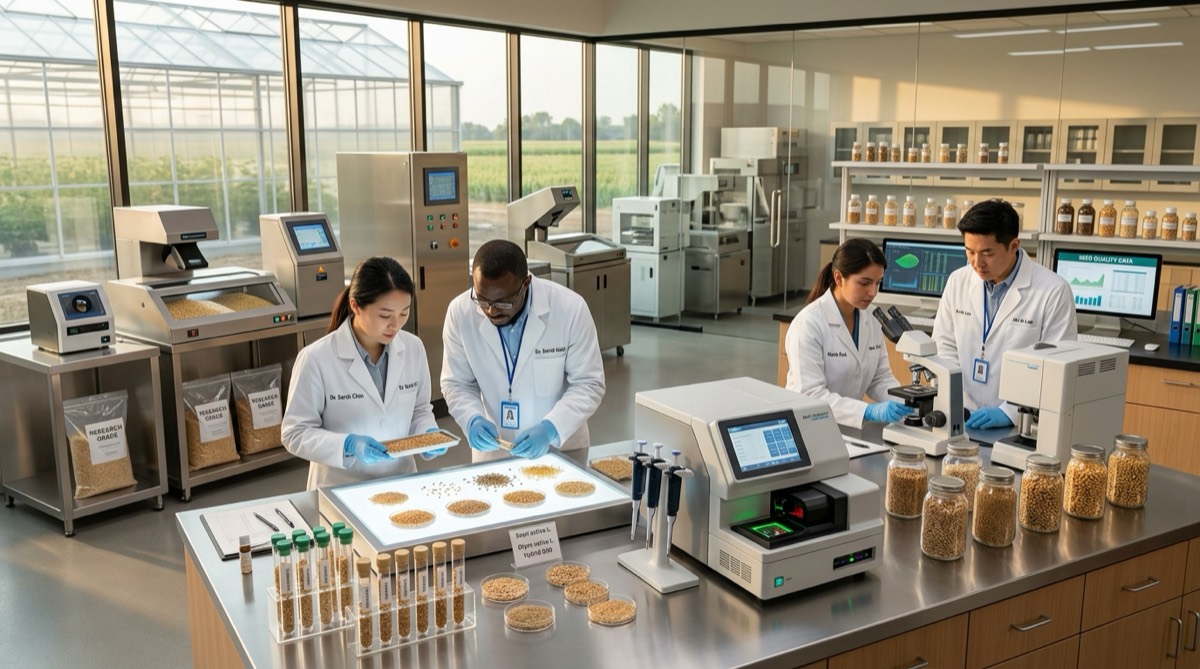 Illustration of researchers working in a seed testing laboratory